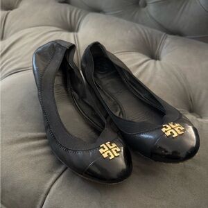 Tory Burch Black Leather Flats with Gold Logo